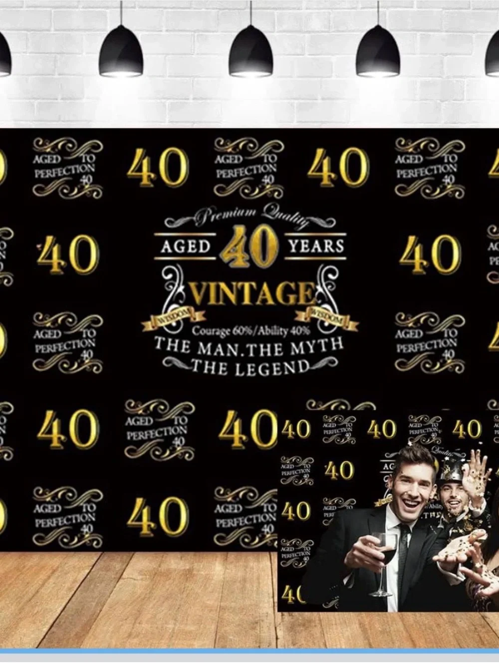 NWT - 40th Birthday Vinyl Black and Gold Party Backdrop - 7' x 5'